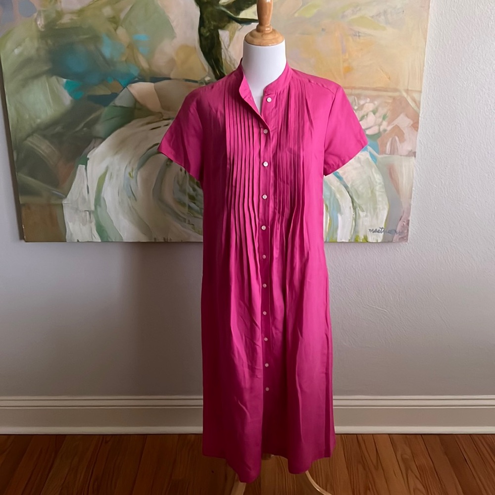 J. Jill Linen Blend Shirt Dress Button Pleated Front Hot Pink NEW - medium